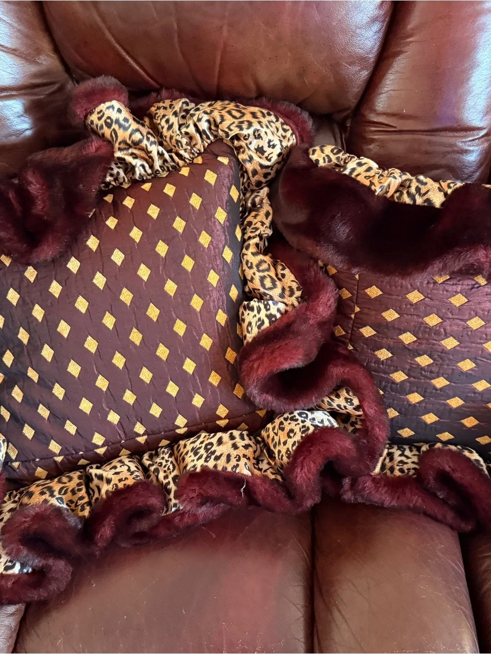 Burgundy Faux-Fur Ruffle Accent Pillow with Leopard Trim